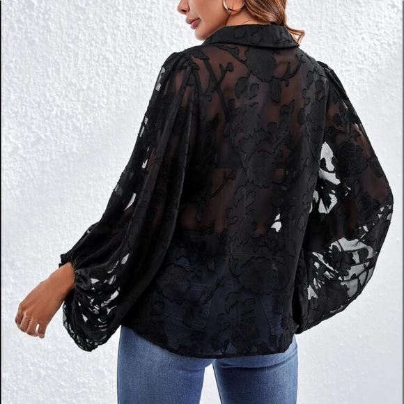Boho Lantern Sleeve Floral Applique Sheer Button Down Shirt Blouse Top BLACK - Picture 2 of 5